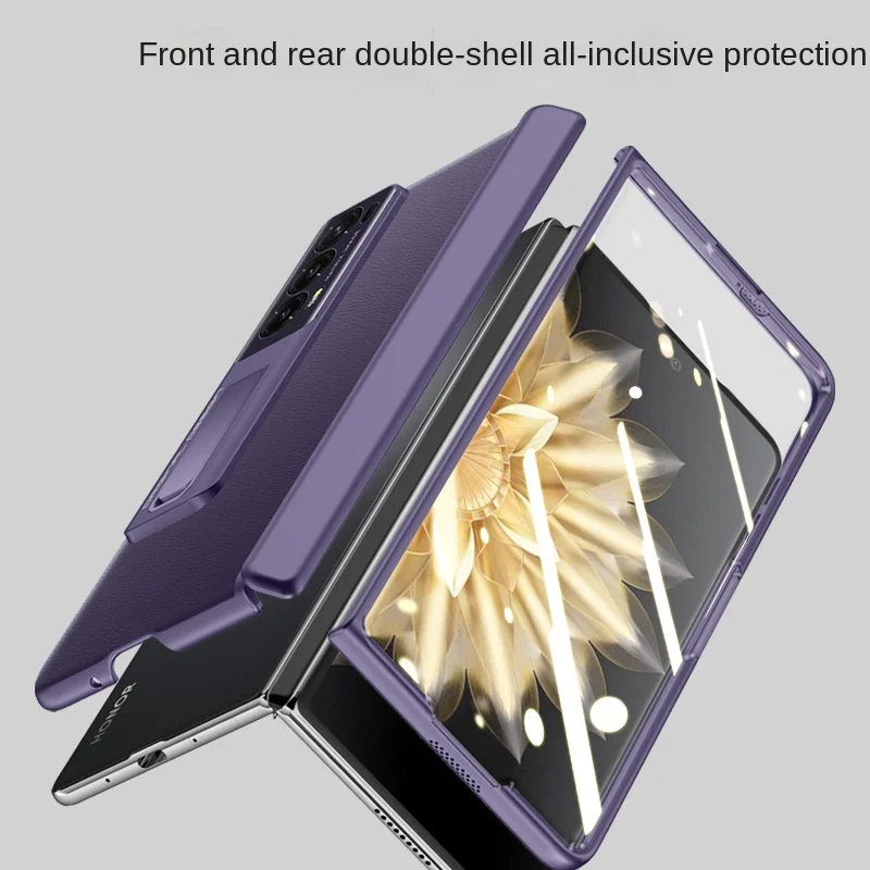 For Huawei Honor Magic V2 Leather Kickstand Folding Phone Case For Huawei Honor Magic V2 Screen Film Full Protective Cover