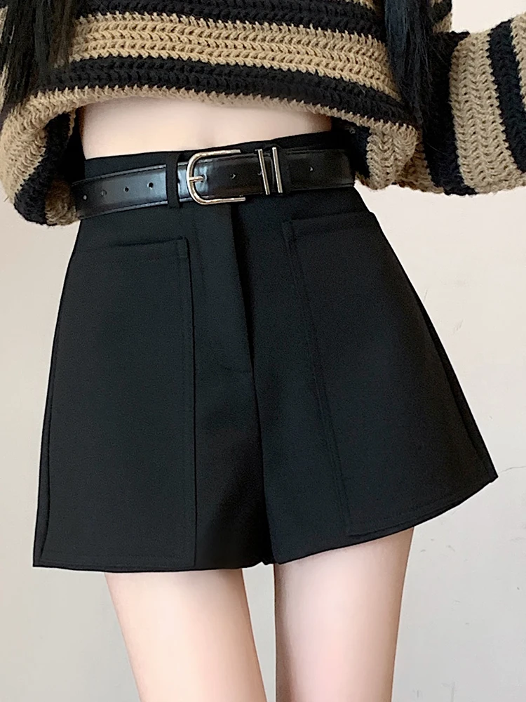 QOERLIN Elegant Suit Shorts Women High Waist Wide Leg Shorts with Pocket Woolen Zipper Korean Fashion Shorts Female Black Grey