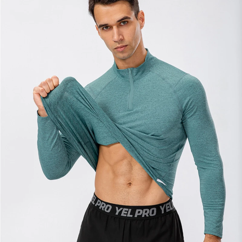 Men's Autumn Fitness Exercise Gym Pullover Quick-Dry Running T-Shirts Half-Zipper Slim Training