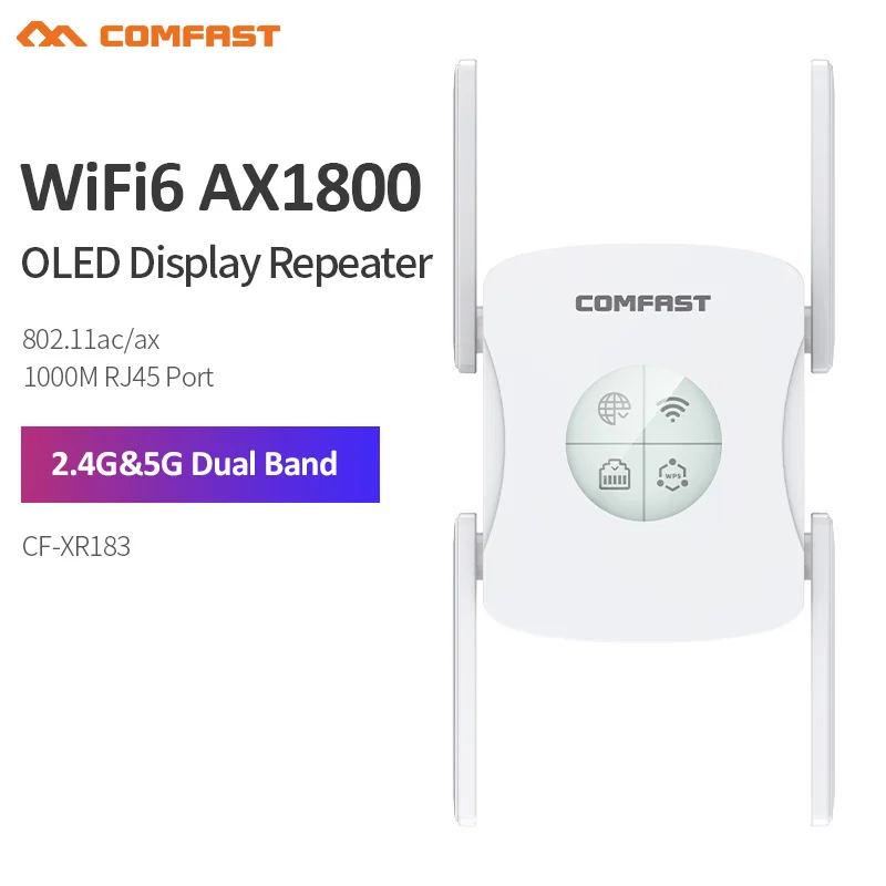 

Comfast CF-XR183 WiFi6 Repeater 2.4G&5GHz 1800Mbps OLED Display Extender 802.11ax Wireless Signal Range Amplifier Gigabit Port