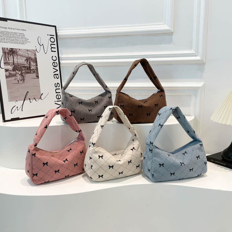  1pc Women Small Underarm Bag Corduroy Handbag Cute Heart Print Little Tote Mini Shoulder Bags 