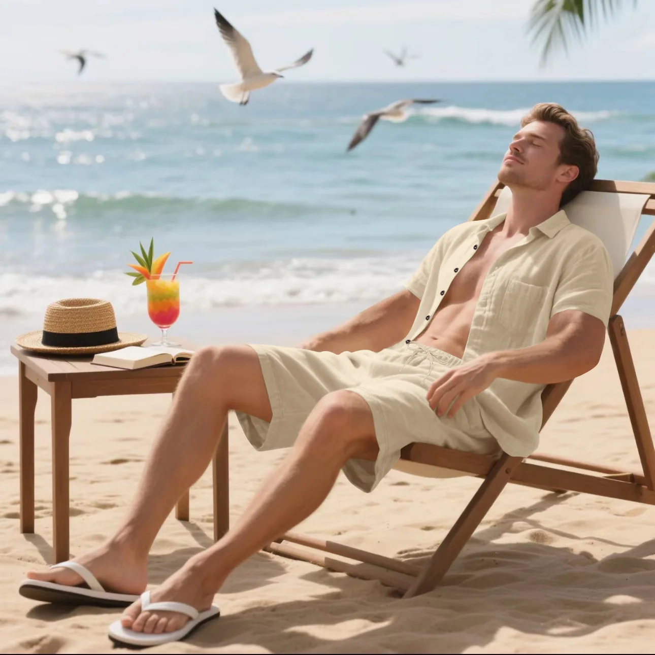 Summer Men's Solid-Color Linen Beach Suit, Lapel Button Short-Sleeved Shirt Paired With Drawstring Shorts, Casual 2-Piece Set
