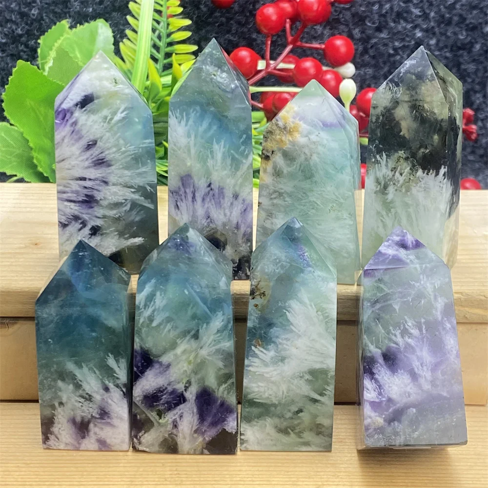 NaturalColorfulFeatherFluoriteColumnCrystalEnergyTowerMagicWandObeliskPolished