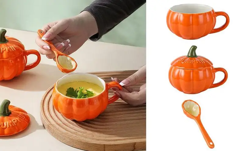 

Pumpkin Cup For Kids Halloween Pumpkin Shaped Ceramic Cup With Lid Spoon Breakfast Oatmeal Cup Heat Insulating Drinking Tool