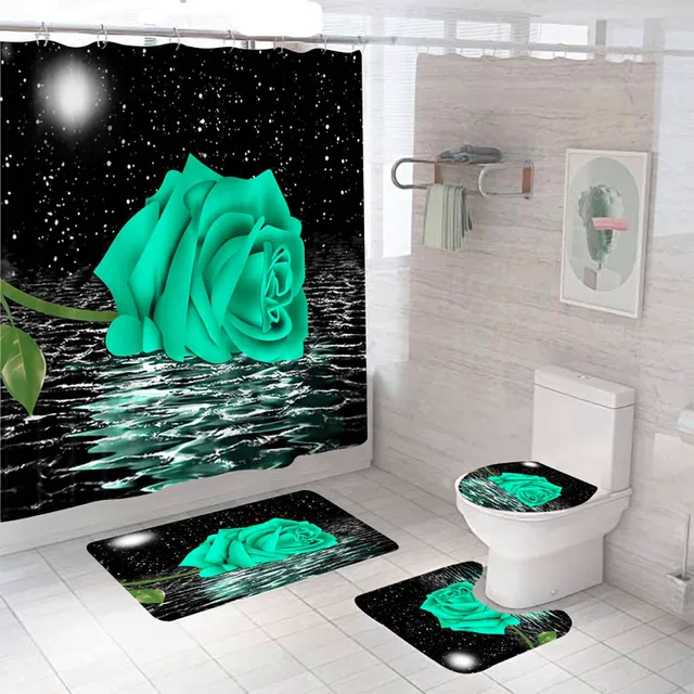 Rose Flower Shower Curtain Set Non-Slip Rugs Bath Mat Toilet Lid Cover and 12 Hooks Waterproof Polyester Bathroom Decor Q-4pcs- Full Set