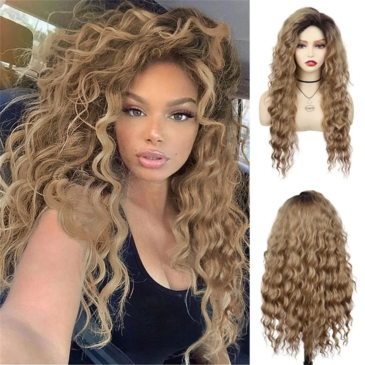 

GNIMEGIL Long Curly Synthetic Wigs for Women Brown Ombre Wig Water Wave Hairstyle Natural Hair Sexy Female Wig Cosplay Halloween