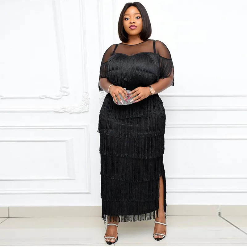 

Женское длинное платье средней длины, элегантное Сетчатое платье с круглым вырезом и бахромой, с разрезом и коротким рукавом