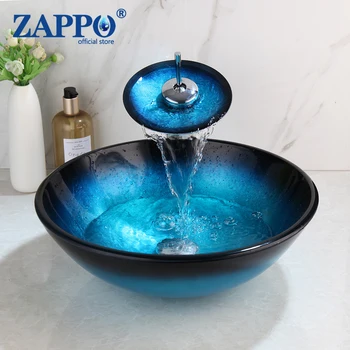 ZAPPO 블루 강화 유리 대야 싱크대 세면대 수도꼭지 세트, 욕실 카운터 탑 라운드 워시 대야 볼, 폭포 믹서 포함