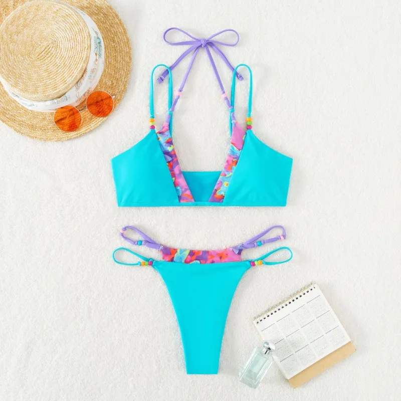 Women Floral Tie Dye Bikini Set Halter Swimsuit Triangle Bathing Suit Swimwear