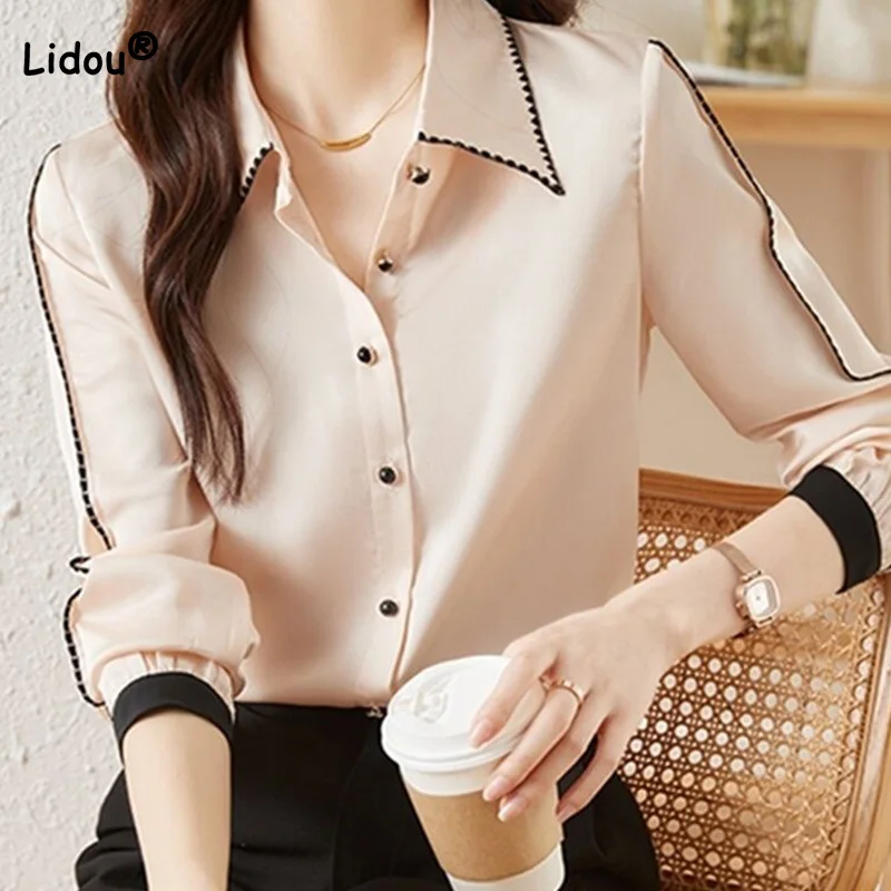 Spring Office Lady Satin Face Solid Color Blouse Korean Turn-down Collar Splicing Single Breasted Long Sleeve Women's Chic Shirt толстовка с капюшоном the north face nj1dn69a vermont down