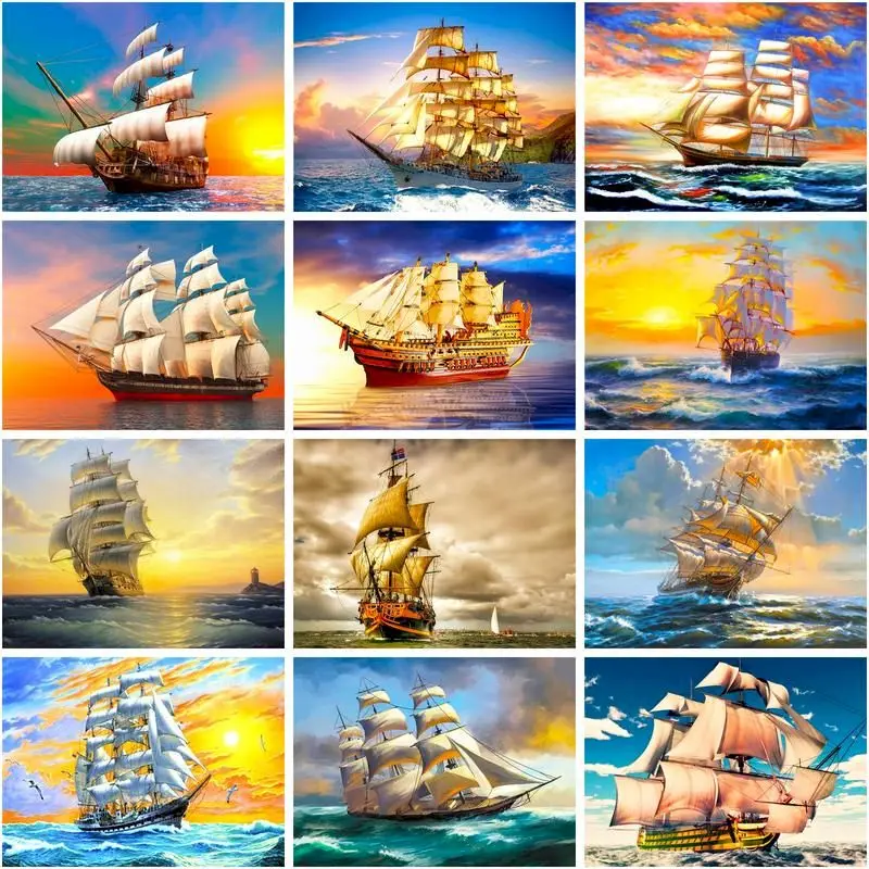 

CHENISTORY Diamond Embroidery Sea Sailboat Cross Stitch Diamond Painting Full Square Drill Mosaic Painting Rhinestone Wall Art