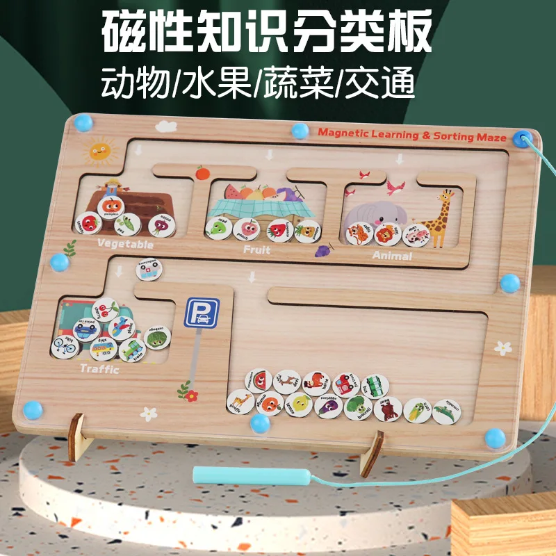 

Wooden fun magnetic children's knowledge sorting board Baby animal fruit cognitive garbage sorting educational toy