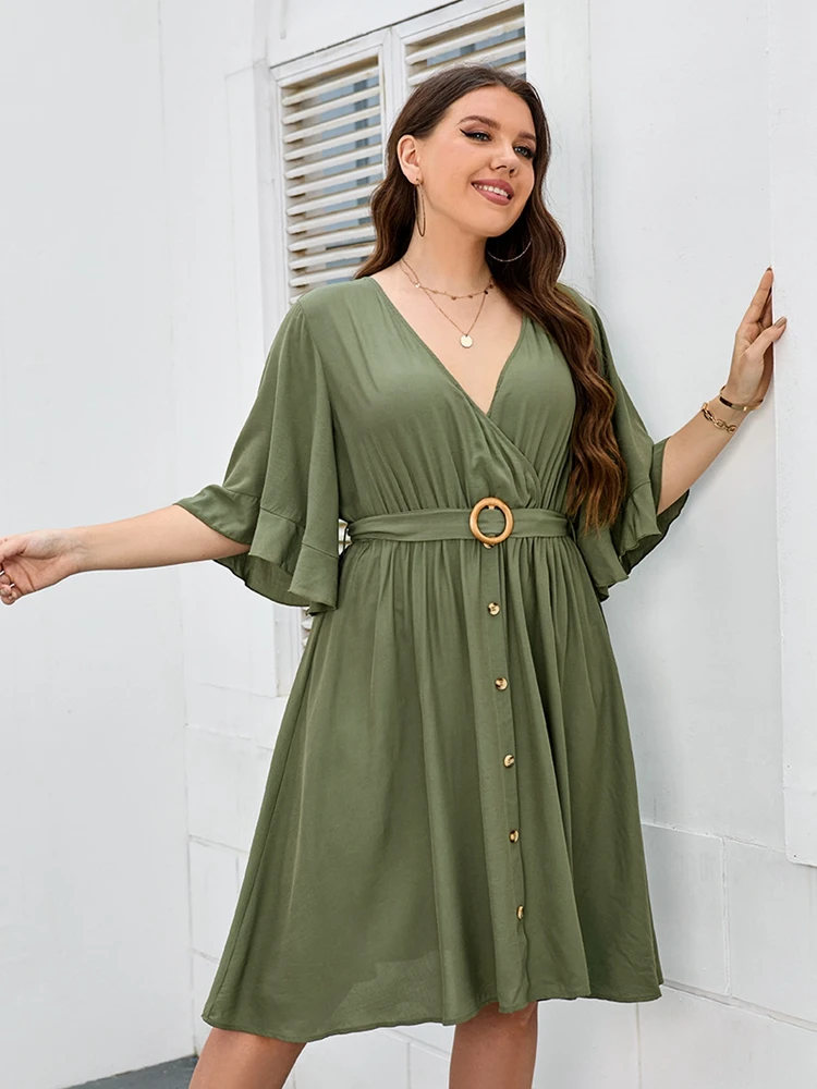 

Summer new plus-size casual dress 6XL 5XL 4XL fashionable ladies' belt five-point sleeve backless sexy V-neck dress