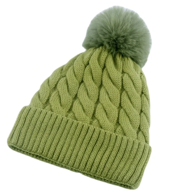 Dark Green Knit Faux Fur Pom Pom Bobble Hat