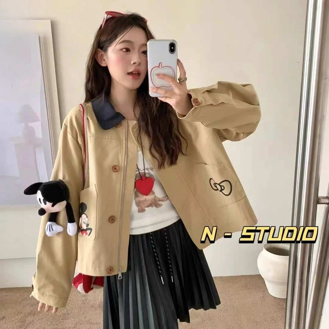 Blouson beige décontracté, motifs Mickey & Hello Kitty