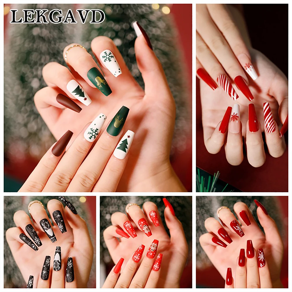 24pcs Christmas Fake Nails Coffin With Designs Full Cover Short Acrylic  False Nails Tips Party Diy Nail Art For Women Girls - False Nails -  AliExpress