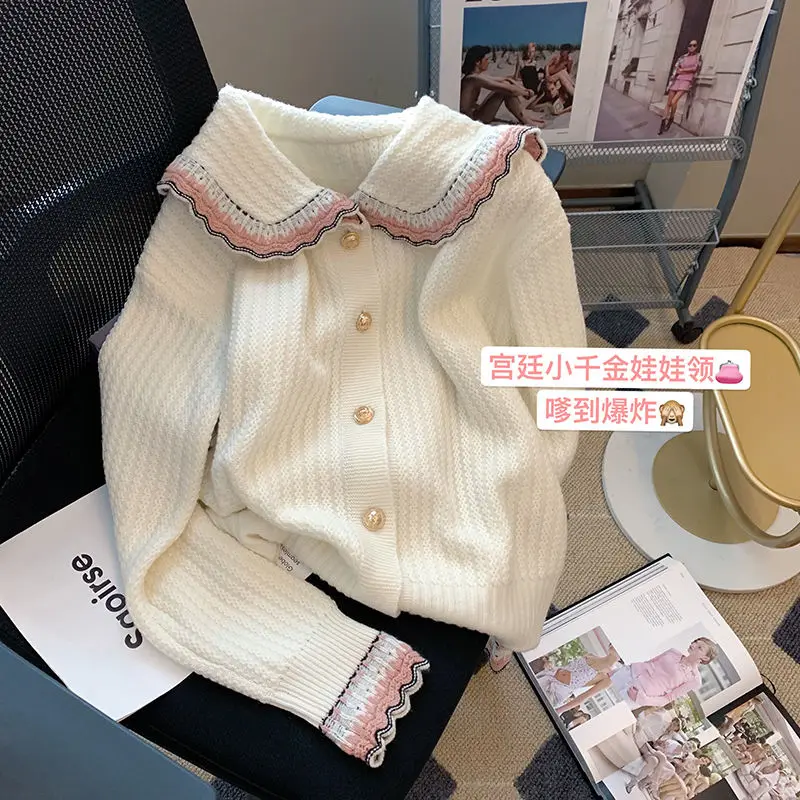 

Color Matching Lapel Knit Cardigan Women's 2022 Spring New Sweet Sweater