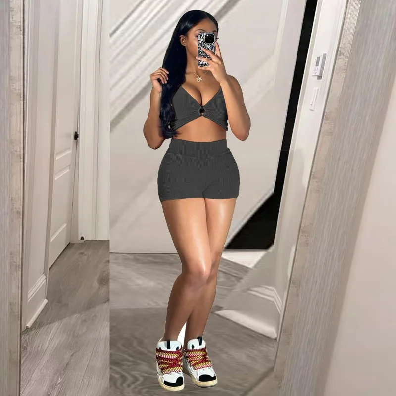 2024 Summer Solid Slim Spicy Girl 2 Piece Set Women V-neck Sleeveless Metal Buckle Crop Tank Top Skinny Shorts Casual Streetwear