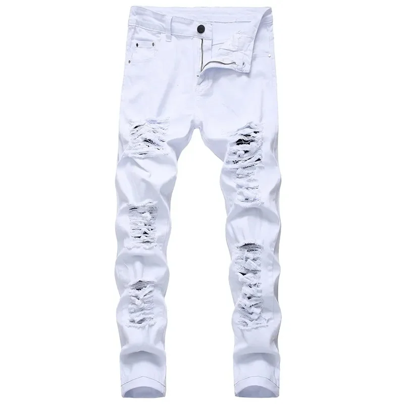 

Straight Hole Destruction Trousers Distressed Jeans Men Denim Fashion Designer Brand White Pants Male Large Size