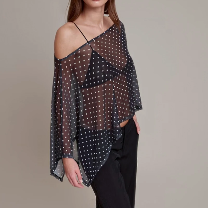 Womens Polka Dot Sheer Shawl Ponchos Cover-ups 2026 Summer Holiday Off Shoulder Cape Blouse Female Beachwear Tops 3