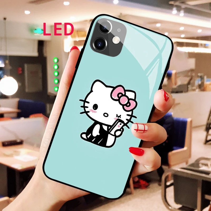 

Светящийся чехол hello kitty из закаленного стекла для Apple iphone 12 11 Pro Max XS mini, защитный чехол со светодиодной подсветкой