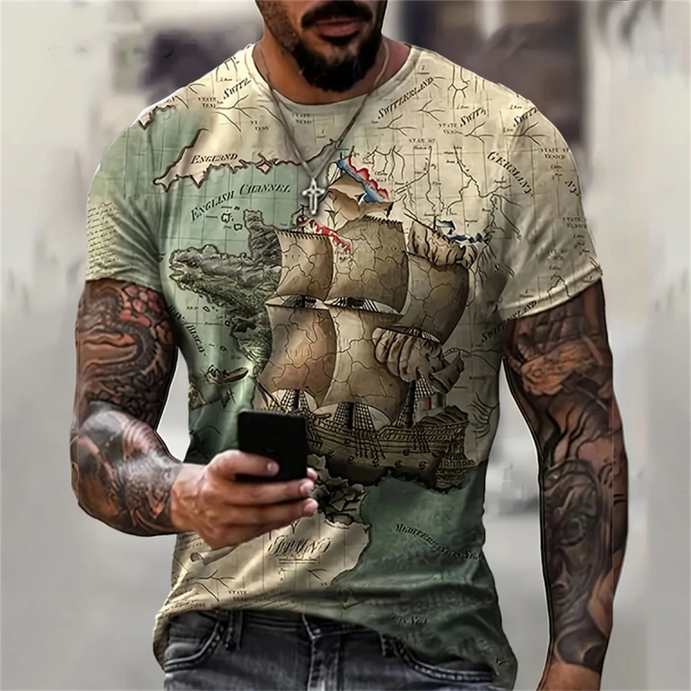 Mens Short Sleeve Pirate Ship 3D Print T Shirt
