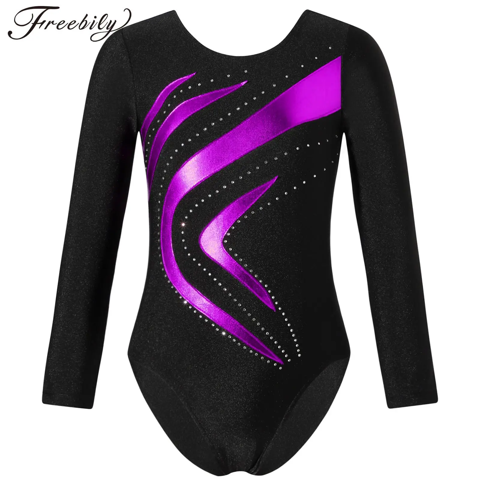 Kids Girls Rhythmic Gymnastics Jumpsuit Long Sleeve Ballet Dance Leotard Shiny Rhinestone Figure Skating Yoga Bodysuit Dancewear