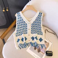 Knitted Vest Women  Spring Summer New Ethnic Style Diamond Plaid Sleeveless Seaside Vacation Hollowed Out Camisole Coats 1