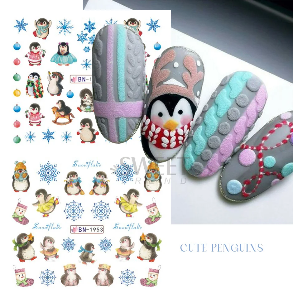 12pcs Cute Penguin Winter Nail Stickers Birds Bear Cat Animal Snowflake Sliders Water Decals Decoration 2024 Xmas Manicure Tips
