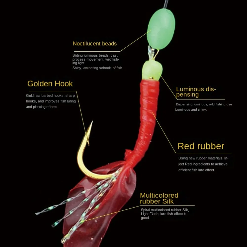2Park Luminous Bean Sabiki String Hook Rig Wobbler 10 Sizes Bionic String Hook Rubber Fishing Hooks for Sea/Freshwater Fishing