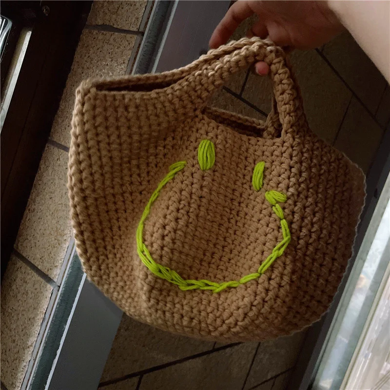 Ins Pure Hand-woven Women Bags Smiley Literary Retro Cute Straw for Hand-held Cotton Thread All-match HandBag