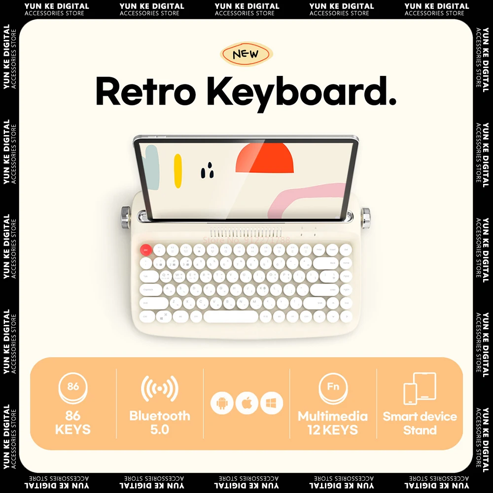 Bluetooth wireless typewriter keyboard universal fashion retro round