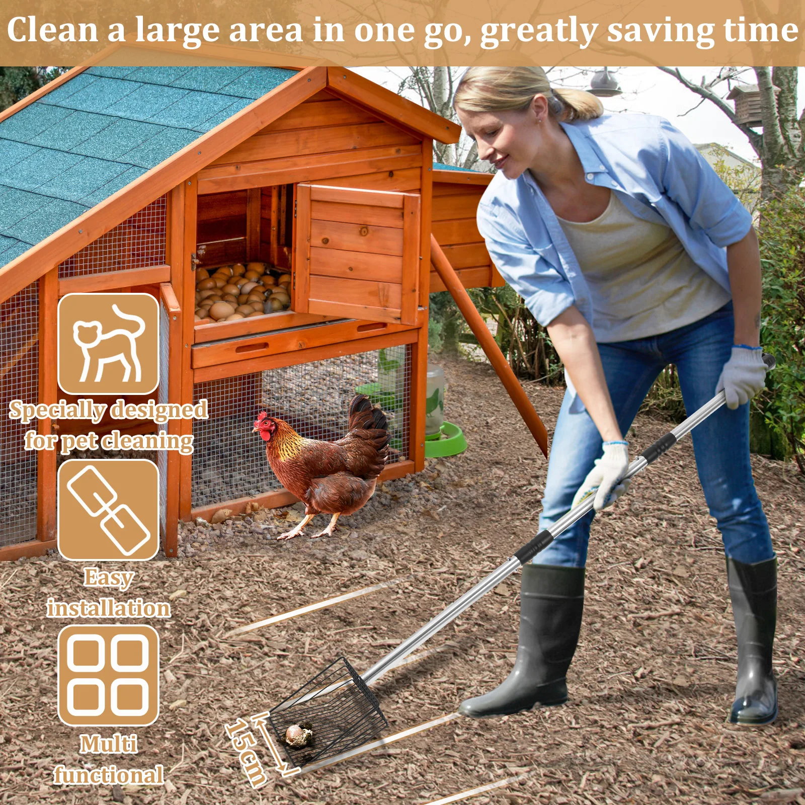 Chicken Pooper Scooper Stainless Steel Cat Litter Shovel with Adjustable Handle Multi-role Cleaning Tool for Pet Poultry Manure