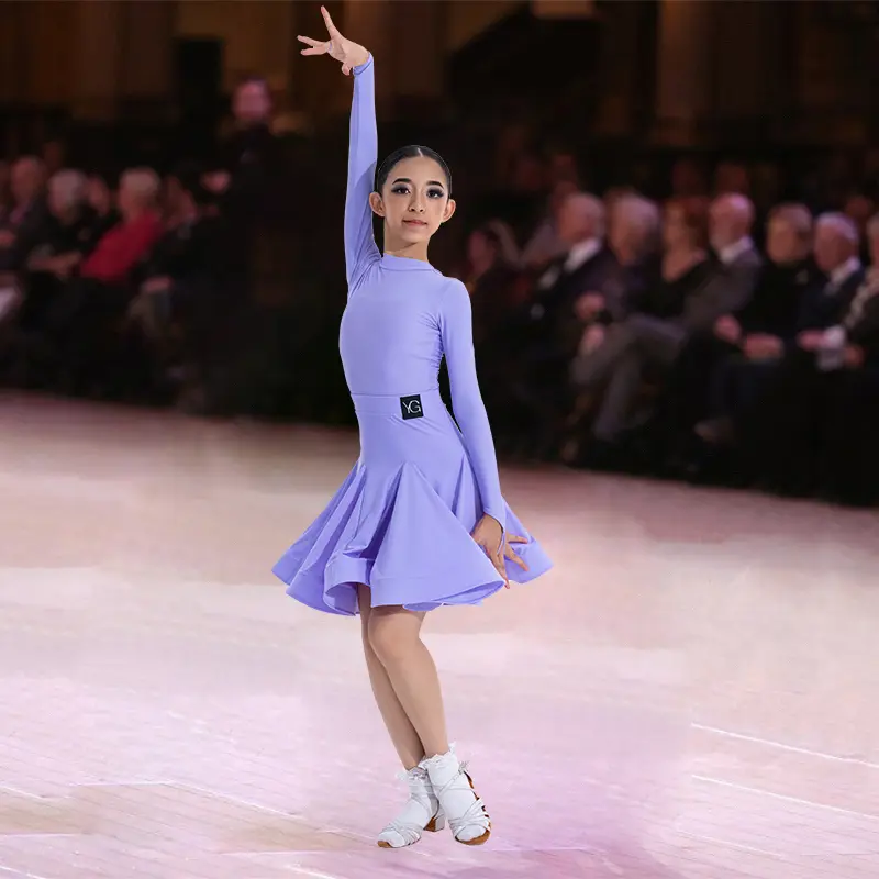 Girls Latin Dance Competition Clothing Glossy Fabric Long Sleeves Dance Dress Kids Cha Rumba Dance Practice Training Wear - Image 7