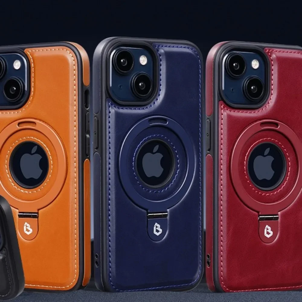 Magnetic Ring Holder Kickstand with Shockproof Leather Cover and Logo Hollow Design