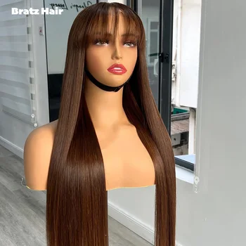 Parrucche con Frangia in Capelli Veri Marroni 4x4 5x5, Pronte da Indossare Senza Colla, Parrucche Lisce con Frangia HD Lace Front 13x6 13x5