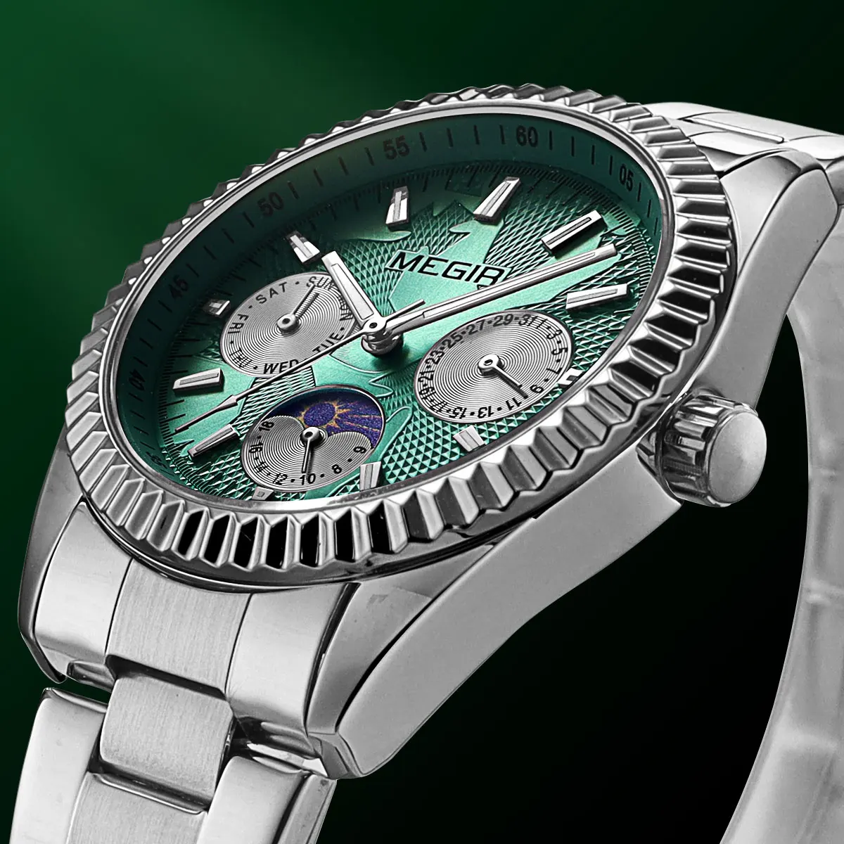 Elegant Men's Fashion Quartz Watch with Luminous Display, Day-Date, 24-Hour Moon Phase, and Stainless Steel Band