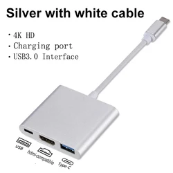 Universal 3-in-1 USB-C to HDMI Adapter & Charging Hub (Silver white cable)