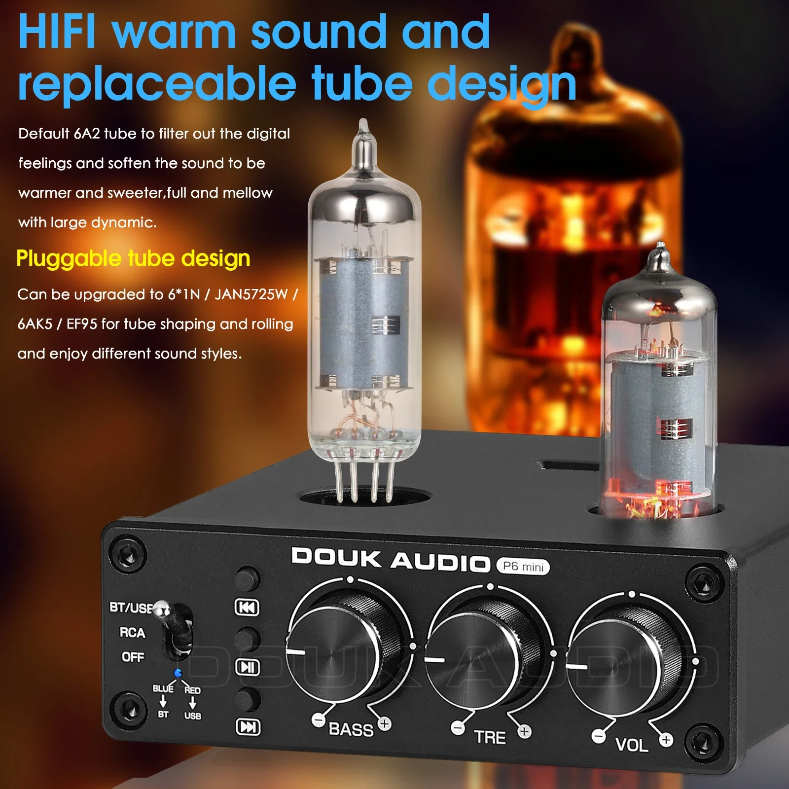 Douk Audio-hifi Válvula Tubo Pré-amplificador Bluetooth 5.0 Usb Player Home Desktop Pré-amplificador com Graves Agudos Control Receptor Estéreo - Image 4