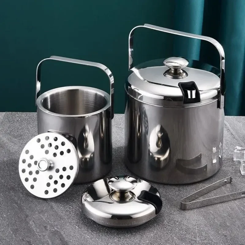 Ice Bucket with Tongs Double Wall Strainer Handle Home Bar Parties Beer Champagne Stainless Steel Chilling Cooler Buckets 1.3L
