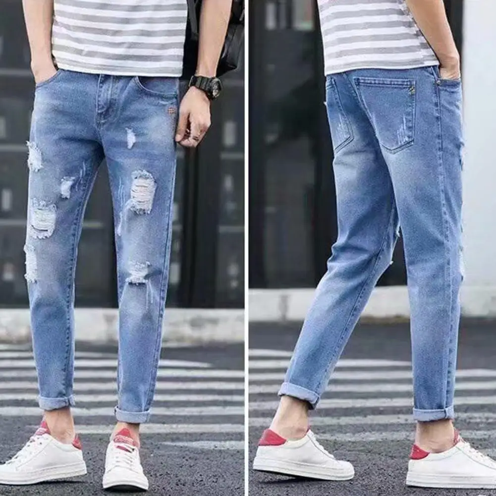 Trendy Denim Pants Mid-rise Ankle-Length Men Stretchy Ripped Tassel Denim Pants  Comfy Denim Trousers Daily Garment trendy denim pants mid rise ankle length men stretchy ripped tassel denim pants comfy denim trousers daily garment