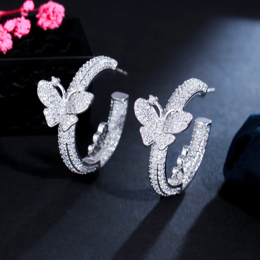 

Shiny Micro Pave Cubic Zirconia Circle Round Cute Butterfly Hoop Earrings for Women New Fashion Party Jewelry