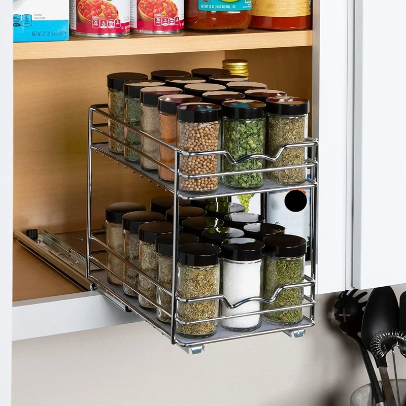 

AT35 Pull Out Spice Rack Organizer For Cabinet Heavy Duty Slide Out Double Rack For Kitchen Cabinets Spices Sauces Cans Etc