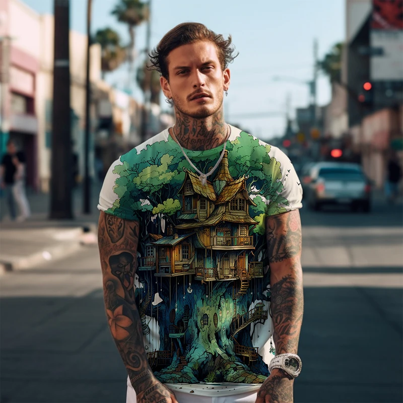 T-Shirt Moda Uomo Street Cool T-Shirt Estiva Basic T-Shirt Outdoor Leisure T-Shirt Creativa Tree House T-Shirt Stampata In 3D