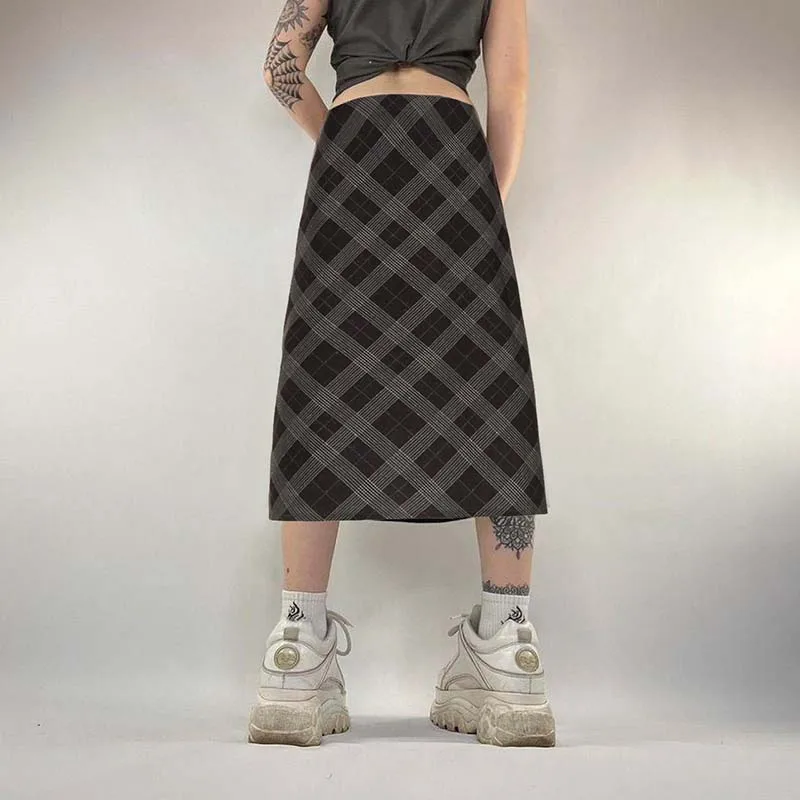 Low Rise Plaid Midi Skirt   Women's Vintage Indie Grunge Print Long y2k Loose fit Autumn Fashion Clothes Casual Harajuku Workwear Skirts for trends woman in auburn brown