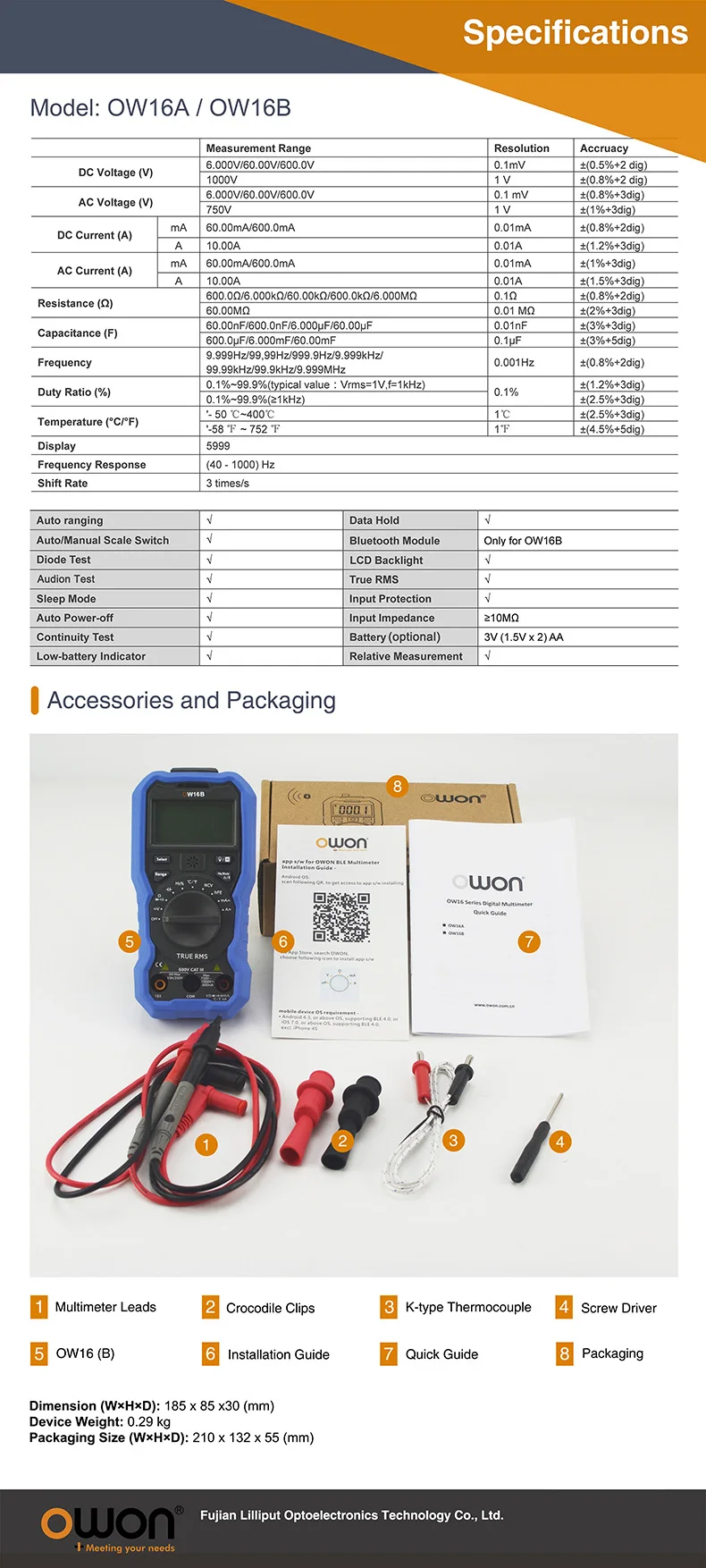 OW16B Multifunctional Digital Multimeter with Bluetooth and NCV True RMS test Ba