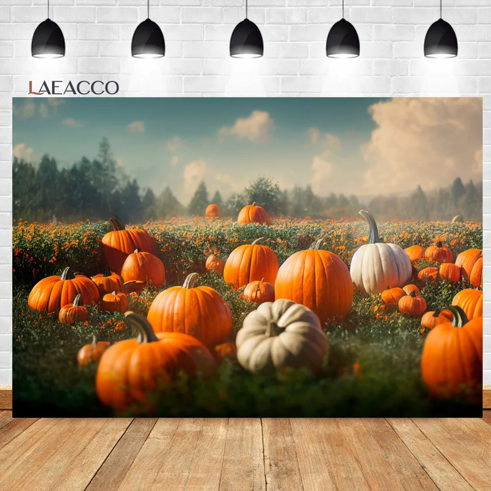 

Laeacco Autumn Harvest Photography Backdrop Fall Farm Pumpkin Field Forest Scenery Thanksgiving Day Adults Portrait Background