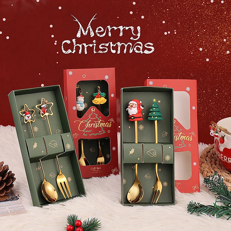 

2PCS Stainless Steel Coffee Spoon Elk Christmas Tree Decoration Dessert Scoop Fruit Fork Coffee Spoon Cutlery Set