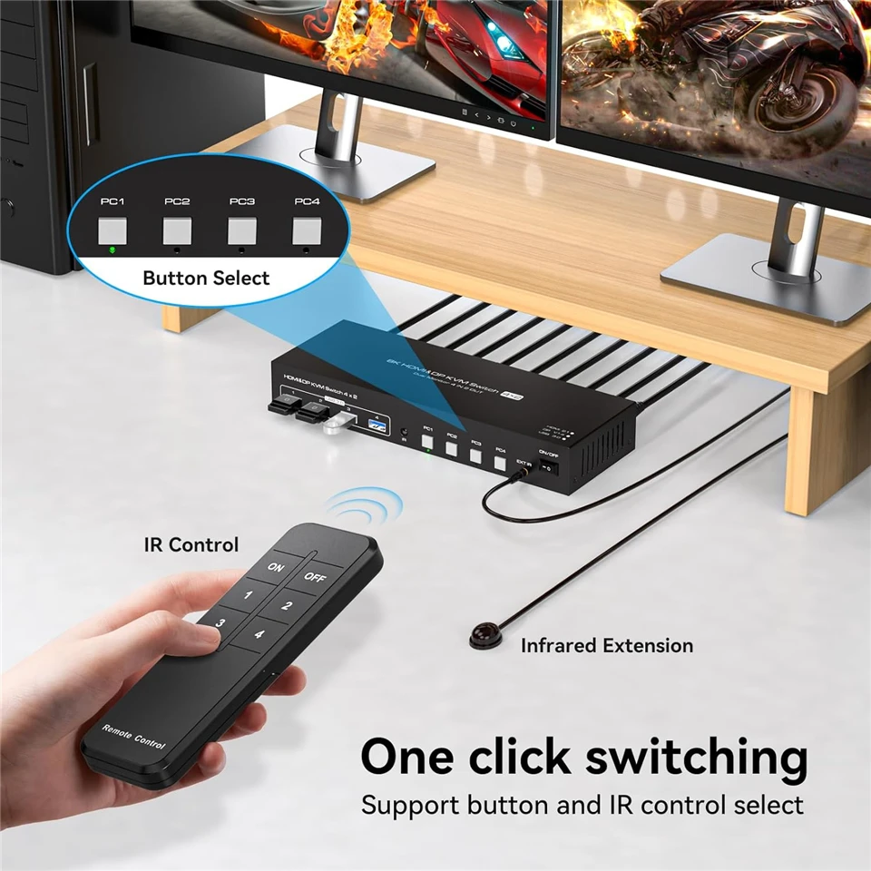 Navceker 듀얼 디스플레이 포트 USB 3.0 스위처, 8K HDMI DP KVM 스위치, 모니터 2 개, 컴퓨터 4 개, 4K 144Hz, 4 PC 공유 키보드 마우스용