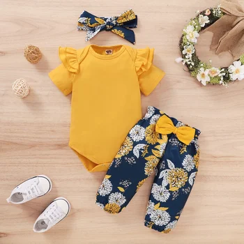 Set di vestiti per neonate per neonati Body a maniche corte per bambina + Pantaloni floreali con fiocco + Fascia per capelli 3 pezzi Abiti per 0-18 mesi